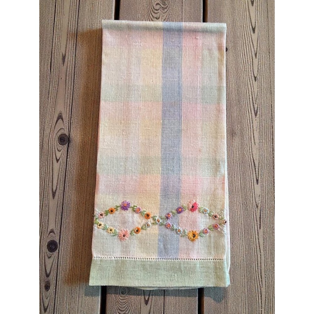 Vintage Pastel Check Linen Hand Towel With Floral Embroidery & Hemstitch Detaili